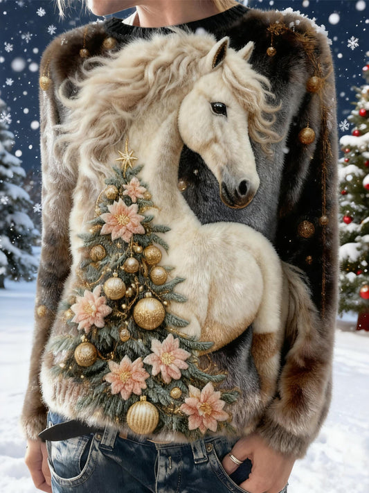 Comstylish Classy Christmas Tree & Horse Art Cozy Plush Sweatshirt