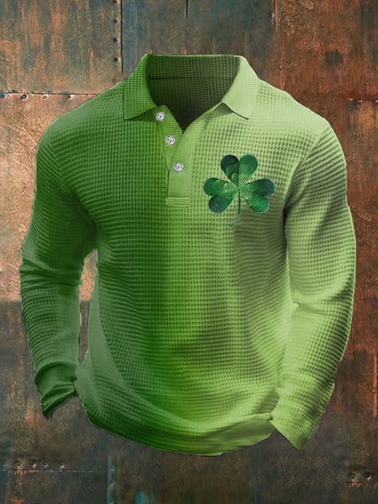 Men's St. Patrick's Day Print Waffle Long Sleeve Polo Shirt elevenforest