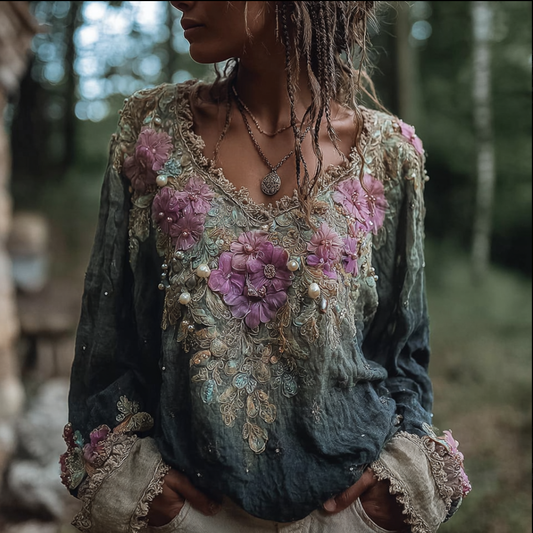 Comstylish Bohemian Style Round Neck Long Sleeve 3d Purple Flower Design Cotton And Linen Top For Women