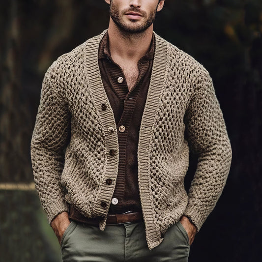 Men's Vintage Chunky Knit Jacquard V-neck Cardigan Sweater artswardrobe