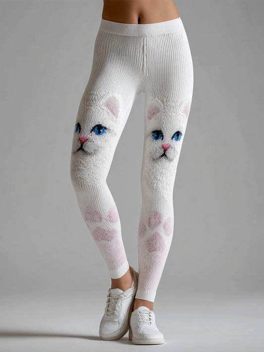 Comstylish Women's Cute Cat Knitted Tight-fitting Leggings