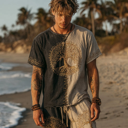 Men's Viking Tribal And Tree Of Life Embroidered Linen T-shirt artswardrobe