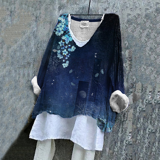 Comstylish Japanese Floral Art V-neck Cotton And Linen Shirt