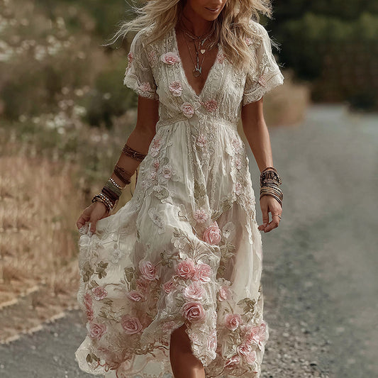 Women's Vintage Floral Embroidery V Neck Maxi Dress artswardrobe