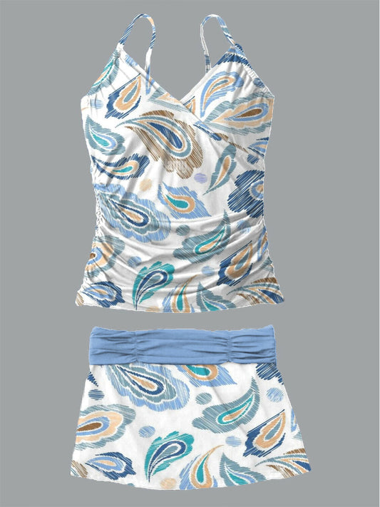 Women's Bohemian Paisley Print Suspender Shirred Swimsuit Set