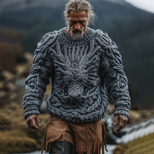 Men's Viking Celtic Knot Dragon Chunky Knit Warm Sweater elevenforest