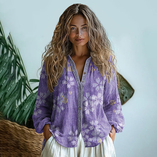 Comstylish Bohemian Style Floral Linen Print Long Sleeve Shirt