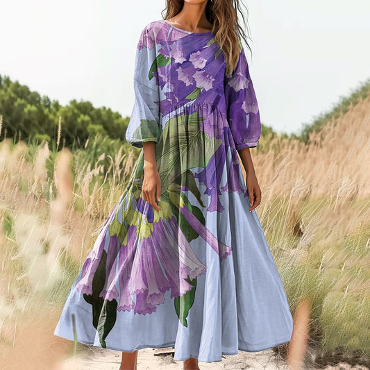Women's Floral Embellished Pattern Art Print Cotton Crew Neck Dress