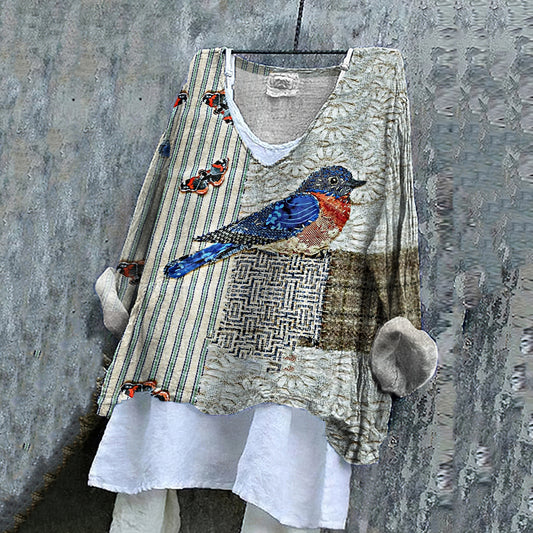 Comstylish Women's Vintage Striped Butterfly And Bird Art Embroidery Cotton And Linen Shirt