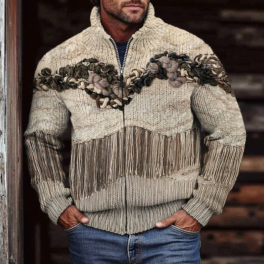 Men'S Vintage Knit Jacquard Tassel Zipper Sweater artswardrobe