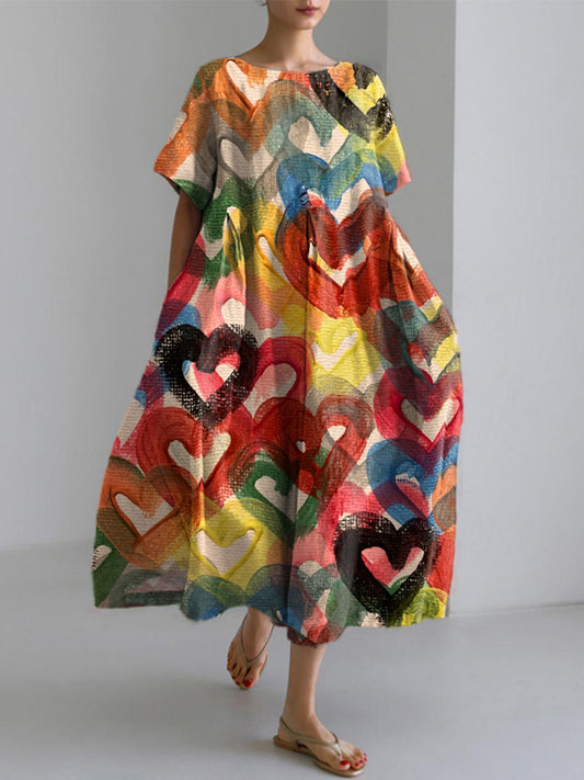 Women's Colorful Heart Oil Painting Art Linen Blend Dress artswardrobe