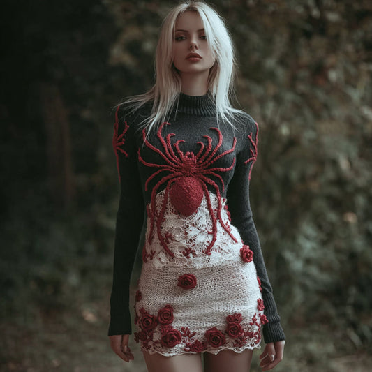 Women's Halloween Spider And Flower Round Neck Knitted Dress artswardrobe