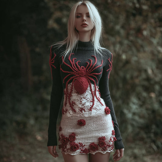 Comstylish Women's Halloween Spider And Flower Round Neck Knitted Dress
