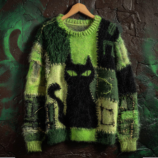 Comstylish Women's Casual Vintage Halloween Black Cat Embroidered Sweater