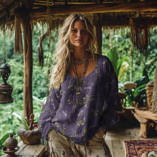 Comstylish Bohemian Style Dragonfly Print Cotton And Linen Blend Loose Blouse