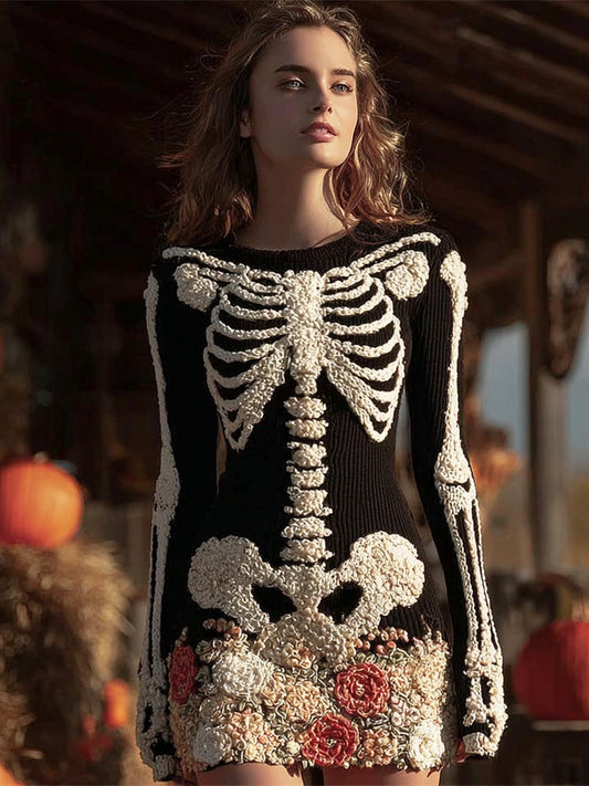 Halloween Skeleton & Floral Art Women's Knit Mini Dress artswardrobe