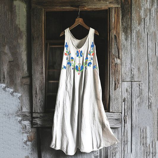 Women's Swedish Floral Cotton Linen Midi Tank Dress artswardrobe