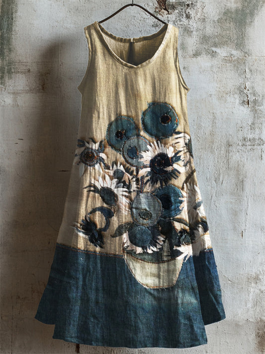 Sunflowers Denim Fiber Art Linen Tank Dress artswardrobe