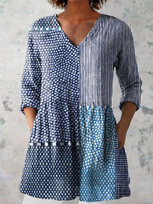 Comstylish Women's Abstract Geometric Line Art Print V-neck Shirt
