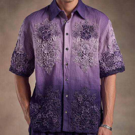 Men's Purple Floral Lace Embroidered Cozy Linen Shirt artswardrobe