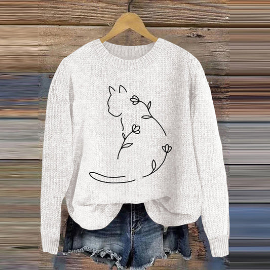 Women's Floral Cute Cat Embroidery Art Cozy Sweater elevenforest