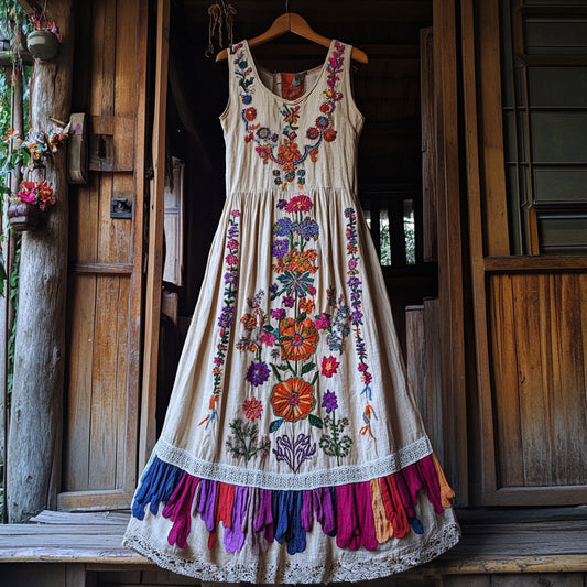 Vintage Boho Purple Floral Embroidery Design Women's Tank Dress artswardrobe