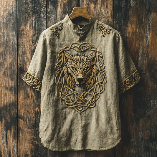 Men's Viking Celtic Knot Wolf Head Linen Shirt artswardrobe