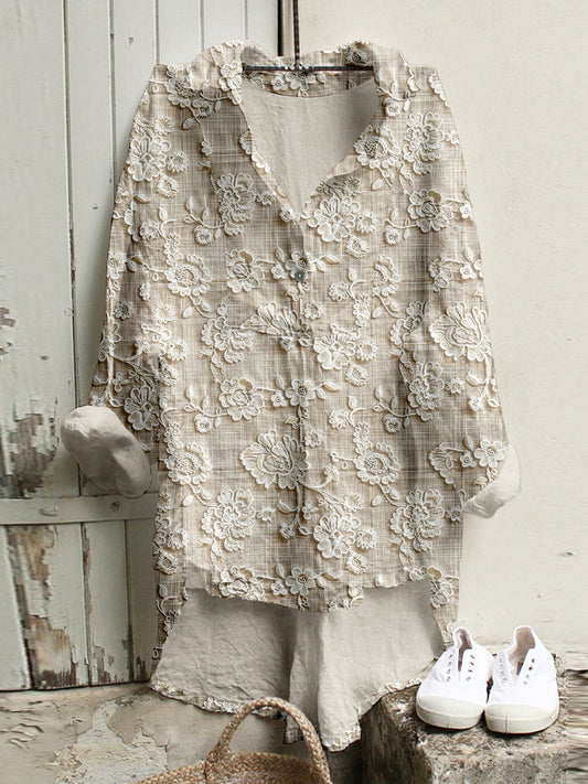Comstylish Vintage Floral Lace Embroidered Linen Blend High Low Tunic