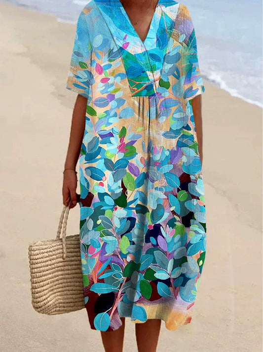 Colored Leaves Printed Women's Casual Cotton And Linen