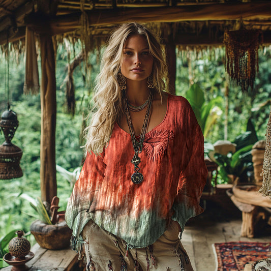 Comstylish Vintage Boho Bohemian Gradient Linen Shirt