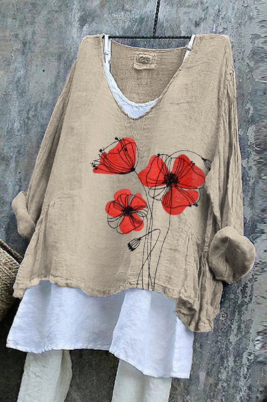 Comstylish Retro Flowers Embroidered Art Linen Tunic
