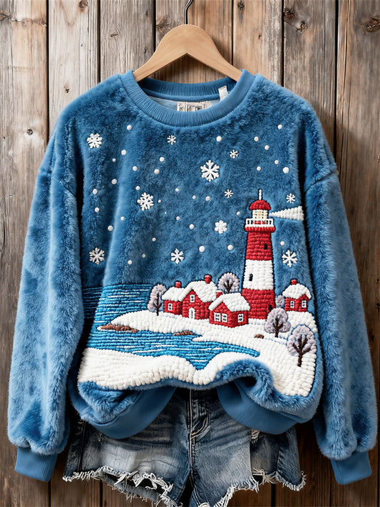 Comstylish Snowing Lighthouse Seascape Embroidered Cozy Plush Sweatshirt