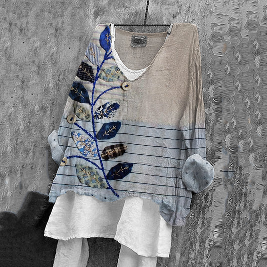 Vintage Floral Art V Neck Linen Blend Blouse artswardrobe