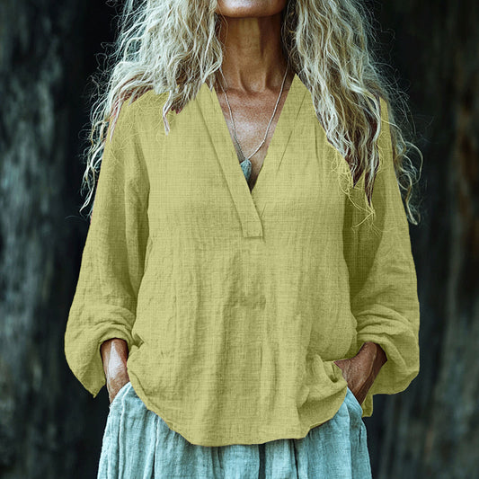 Vintage Elegant Art Linen V Neck Shirt artswardrobe