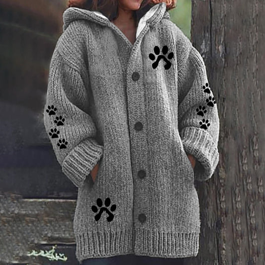 Comstylish Cute Paw Print Long Sleeved Knitted Hooded Cardigan