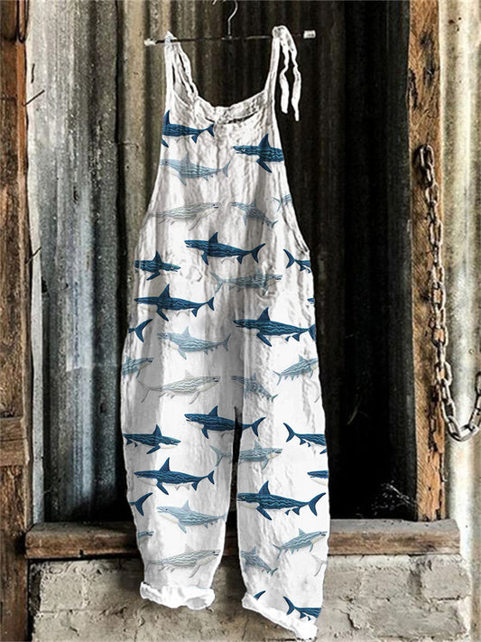 Comstylish Sharks Embroidery Pattern Linen Blend Casual Jumpsuit