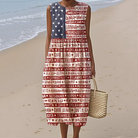 Women's Independence Day Printed Cotton Linen Dress artswardrobe