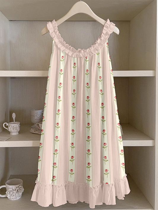 Vintage Floral Striped Ruffle Trim Linen Dress artswardrobe