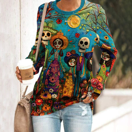 Comstylish Women's Day Of The Dead Skull Print Crew Neck Sweatshirt
