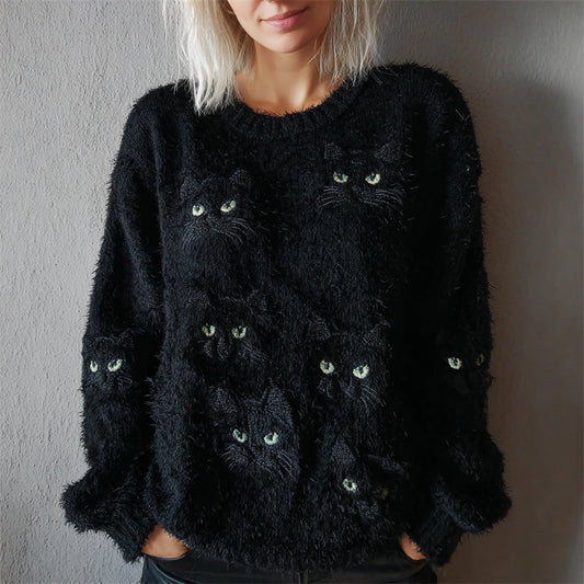 Halloween Black Cat Faces Cozy Fuzzy Sweater elevenforest