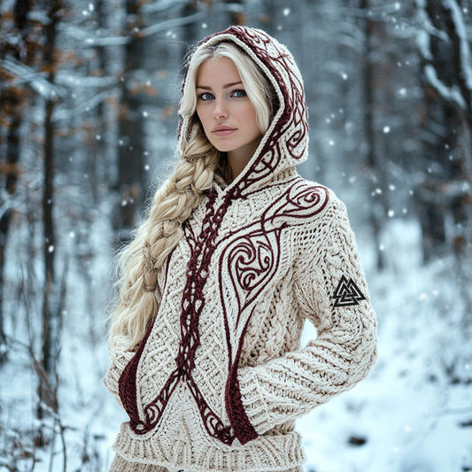 Women's Viking Jacquard Celtic Knitted Hooded Sweater elevenforest