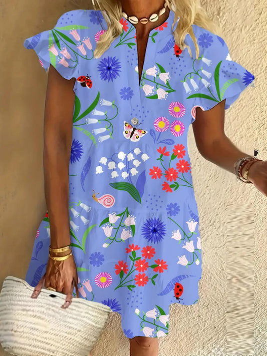 Flower Print Ruffled Short-sleeved V-neck Buttoned Dress Vacation Beach Dress
