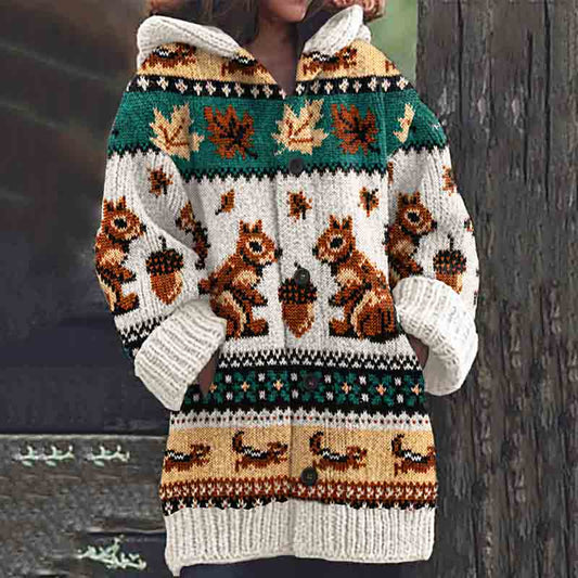 Squirrel Print Knitted Hooded Cardigan artswardrobe