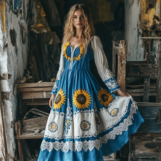 Vintage Sunflower Gradient Lace Art Linen V-neck Maxi Dress artswardrobe