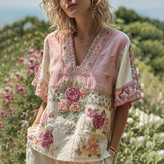 Women's Bohemian Contrast Patchwork Floral V-neck T-shirt artswardrobe