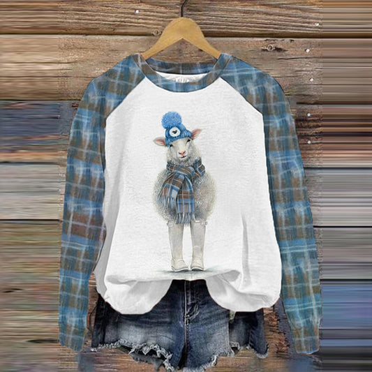 Vintage Scotland Sheep Plaid Splicing Print Casual Sweatshirt artswardrobe