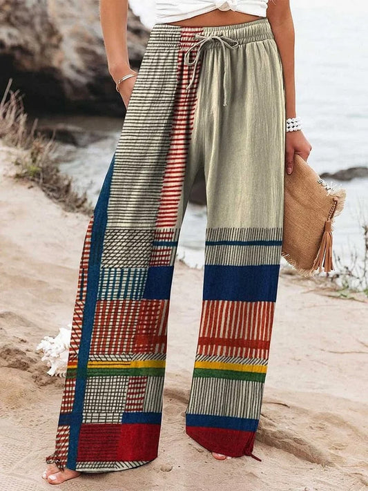 Women's Vintage Geometric Line Art Print Cotton Pants artswardrobe