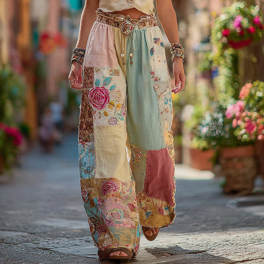 Classic Retro Rose And Floral Patchwork Art Linen Pants artswardrobe