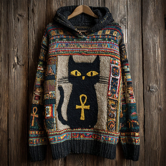Egyptian Ankh & Cat Women's Hooded Sweater elevenforest