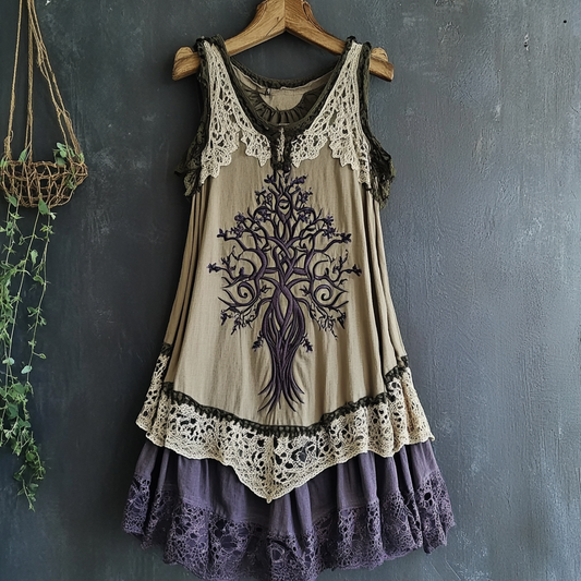 Women's Vintage Tribal Viking Tree Of Life Lace Panel Dress artswardrobe